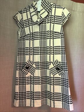 Vintage Black and White Plaid Mini Dress with Cowl and Patch Pockets